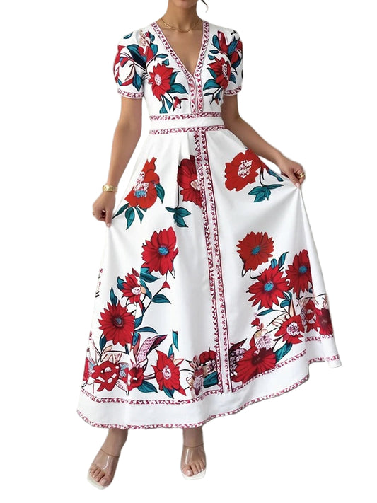 Pivoina - Longue robe à grand imprimé floral rouge