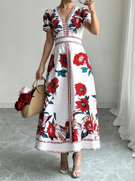 Pivoina - Longue robe à grand imprimé floral rouge